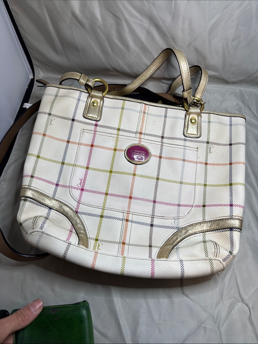Coach White Multicolor Plaid Canvas Tote with Gold Accents